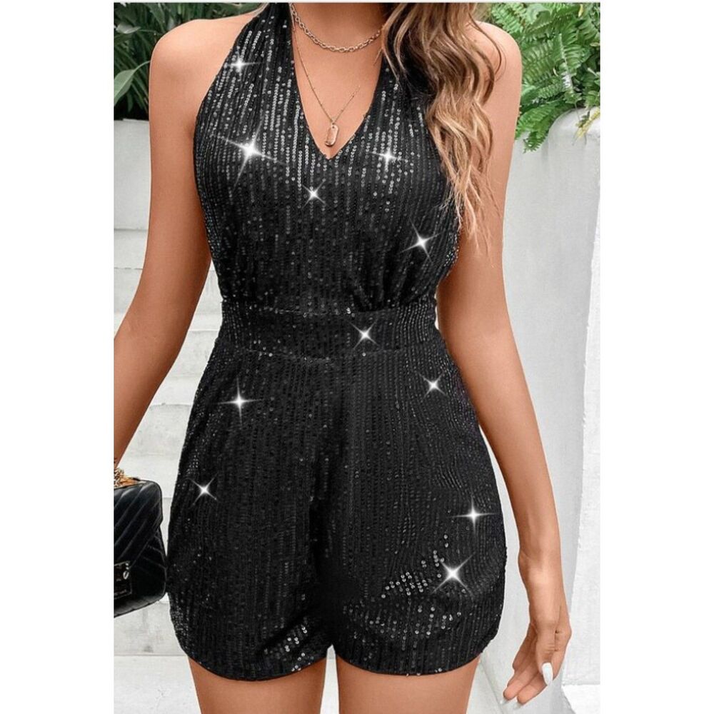 Sparkly Sequined Sz 4 Casual Wear Black Halter Romper 1 pc Shorts Outfit SHEIN